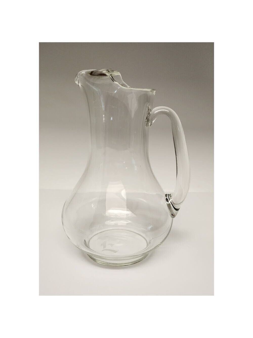 Vintage Clear Glass 1LT Pitcher Monogrammed Ice Lip Pitcher with Calligraphy E